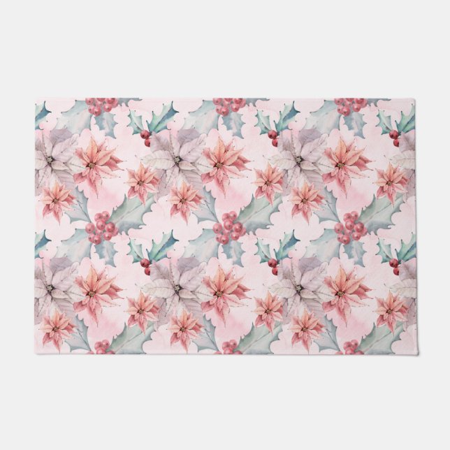 Pink Poinsettias Winter Holiday Modern Floral Fußmatte (Vorderseite)