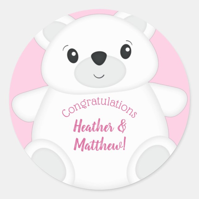 Pink Polar Bear Baby Dusche Runder Aufkleber (Vorderseite)