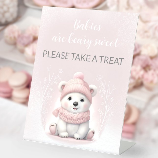 Pink Polar Bear Baby Shower Pedestal Gefallen Zeic Sockelschild (Pink Polar Bear Baby Shower Pedestal Favor Sign)