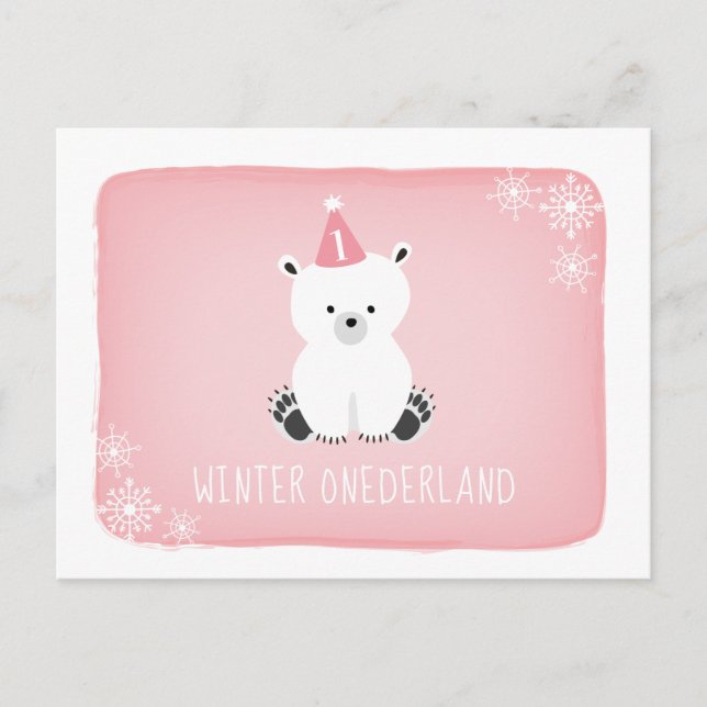 Pink Polar Bear Winter Onederland Erster Geburtsta Einladungspostkarte (Vorderseite)