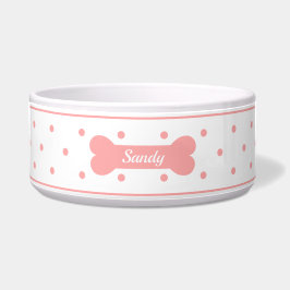 Pink Polka Dosen auf Weiß mit Dog Knochen und Name Napf