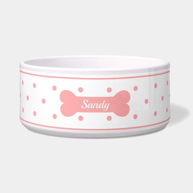 Pink Polka Dosen auf Weiß mit Dog Knochen und Name Napf (Vorderseite)