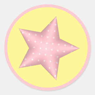 Pink Polka Dot 3D Star auf Gelb Runder Aufkleber