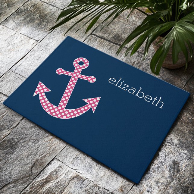 Pink Polka Dot Anchor mit Individuelle Name der Ma Fußmatte (Custom Welcome Doormat)