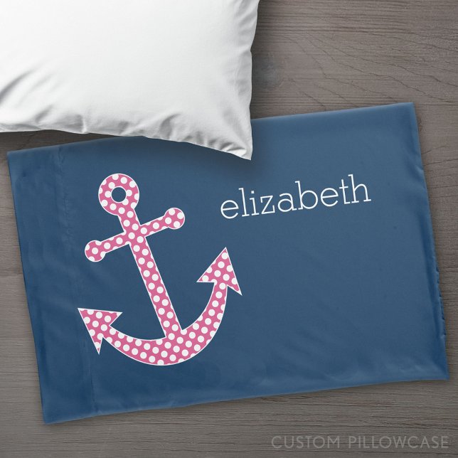 Pink Polka Dot Anchor mit Individuelle Name der Ma Kissenbezug (Custom Pillowcase)