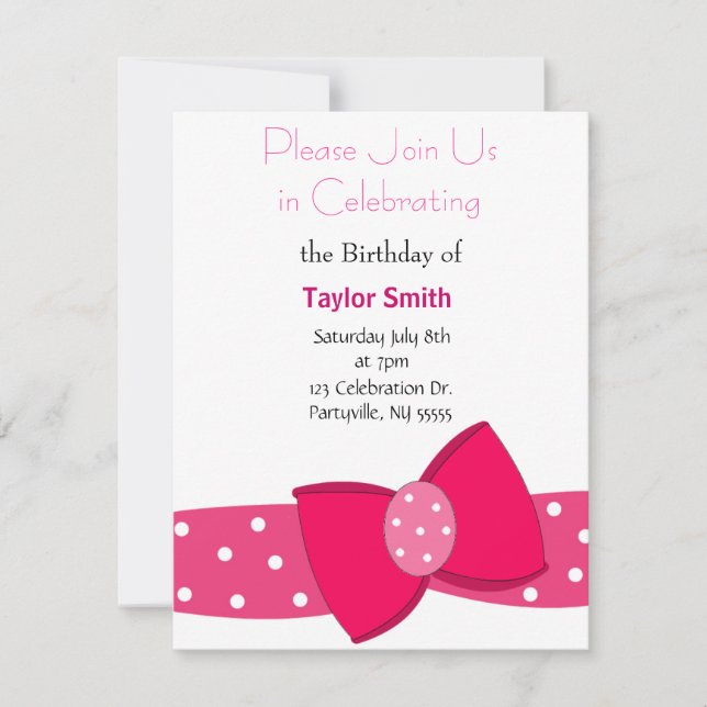 Pink Polka Dot Bow Invitation Anniversaire (Devant)