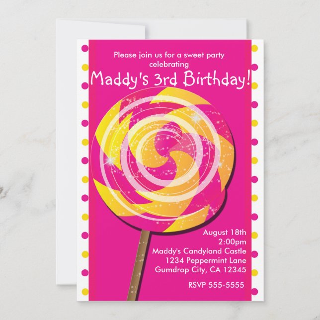 Pink Polka Dot Candy Land Lollipop Invitation (Devant)
