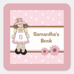 Pink Polka Dot Child's Personalisiertes Buchzeiche Quadratischer Aufkleber