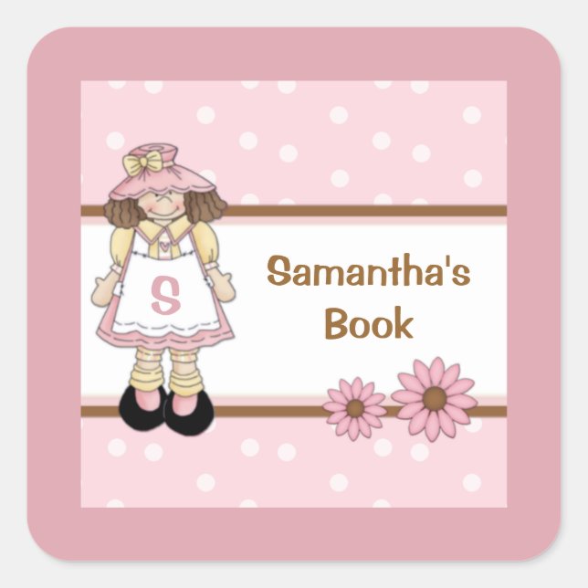 Pink Polka Dot Child's Personalisiertes Buchzeiche Quadratischer Aufkleber (Vorderseite)