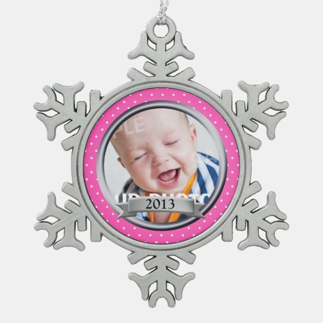 Pink Polka Dot Family Foto Schneeflocken Zinn-Ornament (Vorderseite)