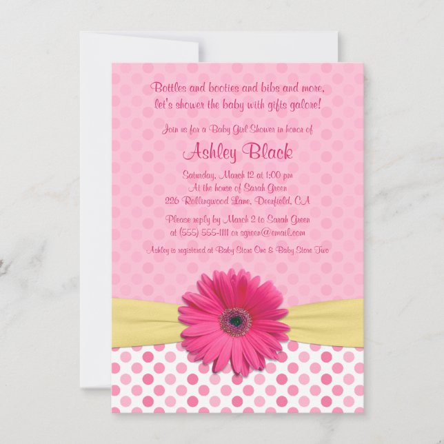 Pink Polka Dot Gerber Daisy Baby shower Invitation (Devant)