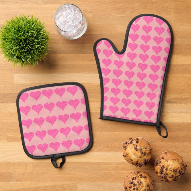 Pink Polka Dot Hearts Ofenhandschuh & Topflappen-Set (Oben Unten)
