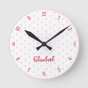 Pink Polka Dot Individuelle Name Girls Kinder Kind Runde Wanduhr