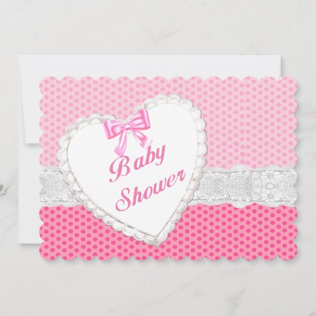 Pink Polka Dot Lace Heart Baby Dusche Einladung (Vorderseite)