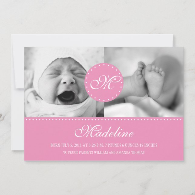 Pink Polka Dot mit Monogram Birth Ankündigung (Vorderseite)