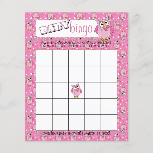 Pink Polka Dot Owl Baby Dusche Thema Bingo Spiel Flyer (Vorne)