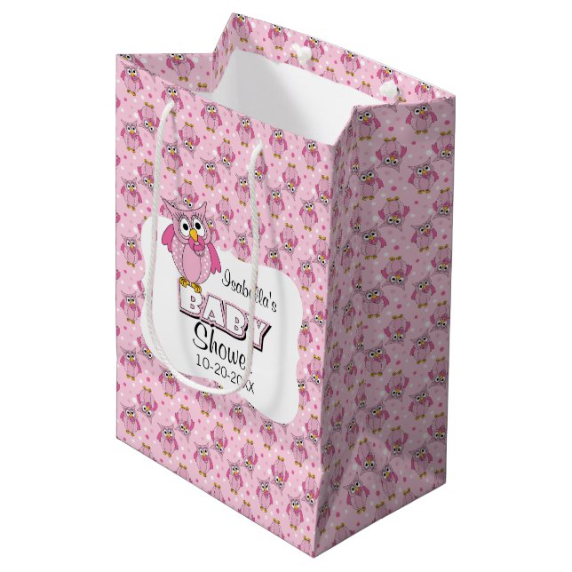 Pink Polka Dot Owl Baby Dusche Thema Mittlere Geschenktüte (Vorderseite Schrägansicht)