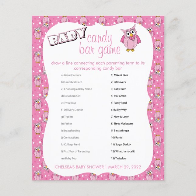 Pink Polka Dot Owl Babydusche Thema Süßes Bar Flyer (Vorne)