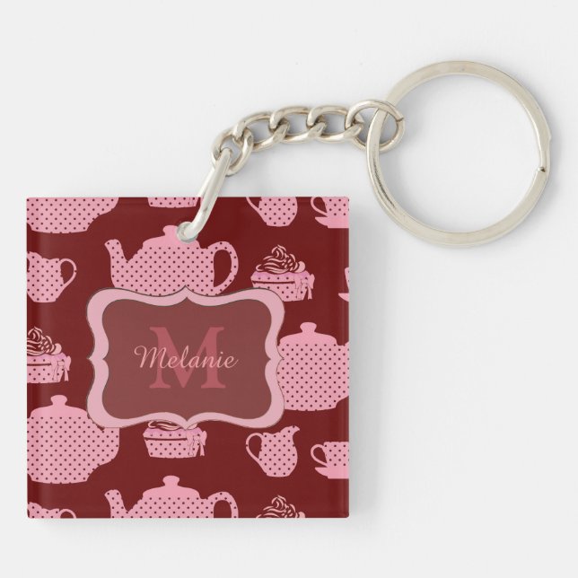 Pink Polka Dot Tea Set auf Burgund Personalisiert Schlüsselanhänger (Rückseite)
