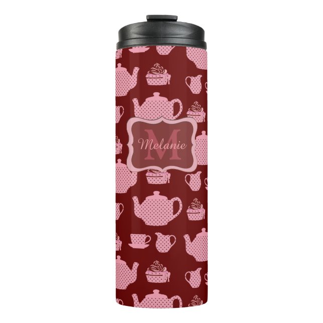 Pink Polka Dot Tea Set auf Burgund Personalisiert Thermosbecher (Vorderseite)