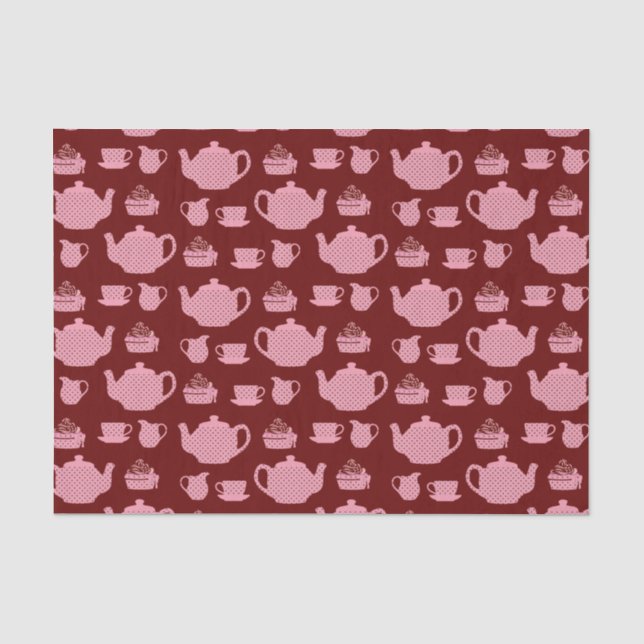 Pink Polka Dot Tea Set auf Burgund Seidenpapier (Vorderseite)