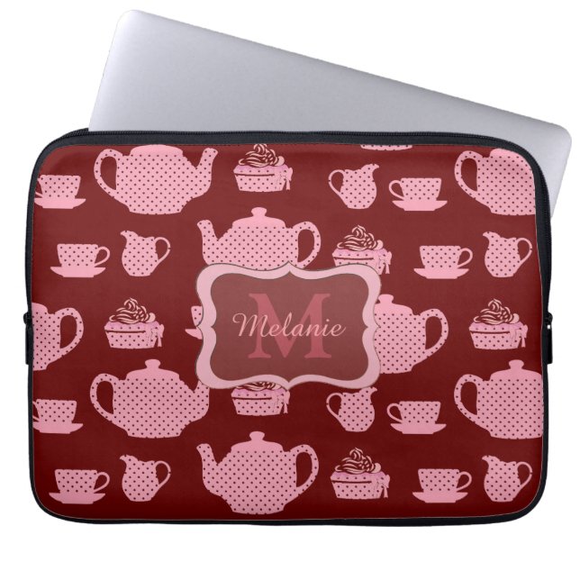 Pink Polka Dot Tea Set Burgund Personalisiert Laptopschutzhülle (Vorderseite)
