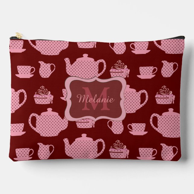 Pink Polka Dot Tea Set Burgund Personalisiert Zubehörtasche (Vorderseite)