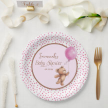 Pink Polka Dot Teddy Bear Babydusche Papierplatte