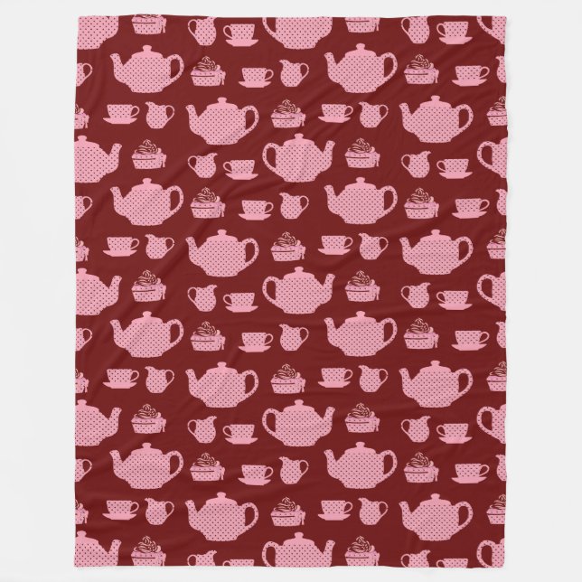 Pink Polka Dot Tee Set auf Burgund Muster Fleecedecke (Vorderseite)