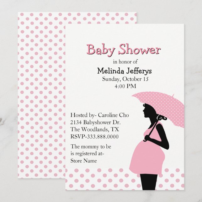 Pink Polka Dot Umbrella Baby Dusche Einladung (Vorne/Hinten)