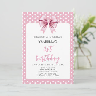 Pink Polka Dot und Bow Erster Geburtstag Einladung