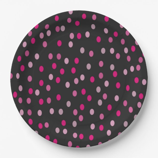 Pink Polka Dots auf schwarz Pappteller (Vorderseite)