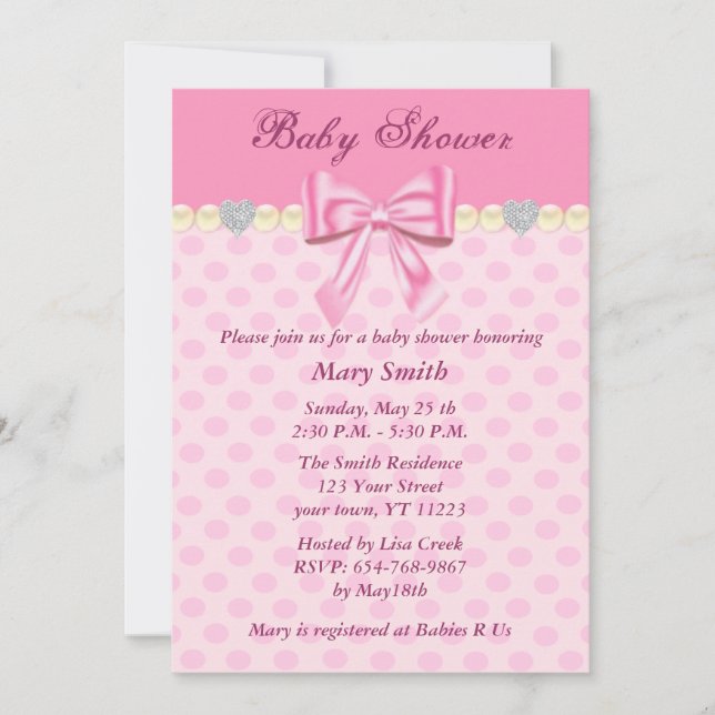 Pink Polka Dots Bow Baby Dusche Einladung (Vorderseite)