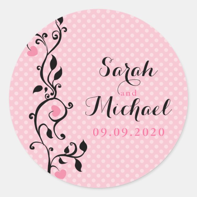 Pink Polka Dots Heart Vine Wedding Runder Aufkleber (Vorderseite)