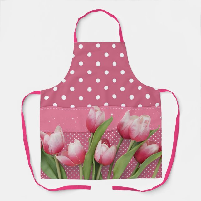 Pink Polka Dots mit Hübschen rosa Tulpen, Schürze (Vorderseite)