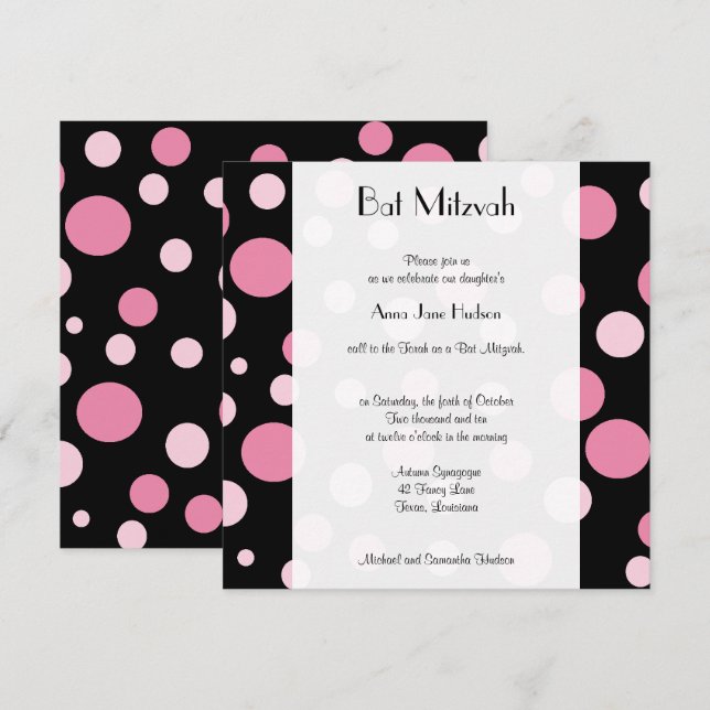 Pink Polka Dots, Polka Dot Pattern, Bat Mitzvah Einladung (Vorne/Hinten)