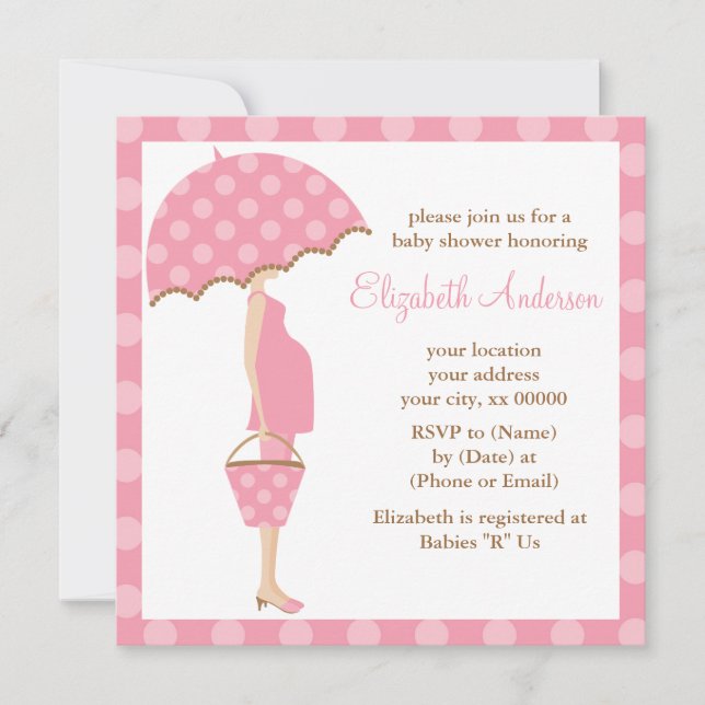 Pink Polka Dots Umbrella Mama Babydusche Einladung (Vorderseite)