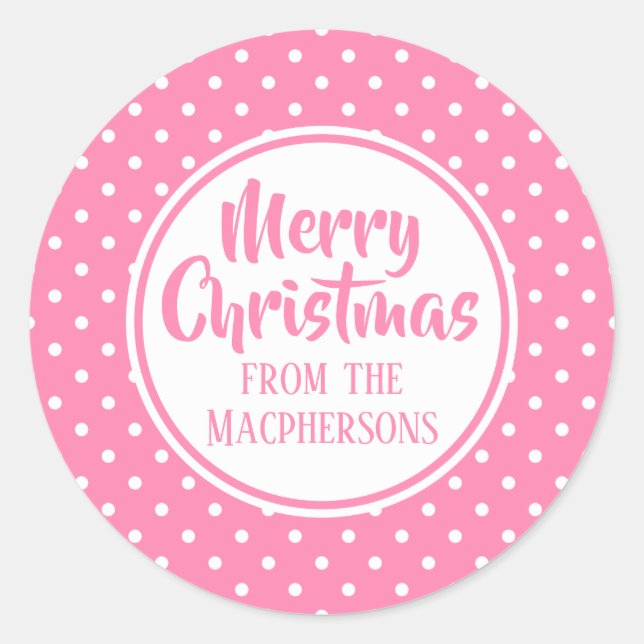 Pink Polka Dots Weihnachtskleber Runder Aufkleber (Vorderseite)