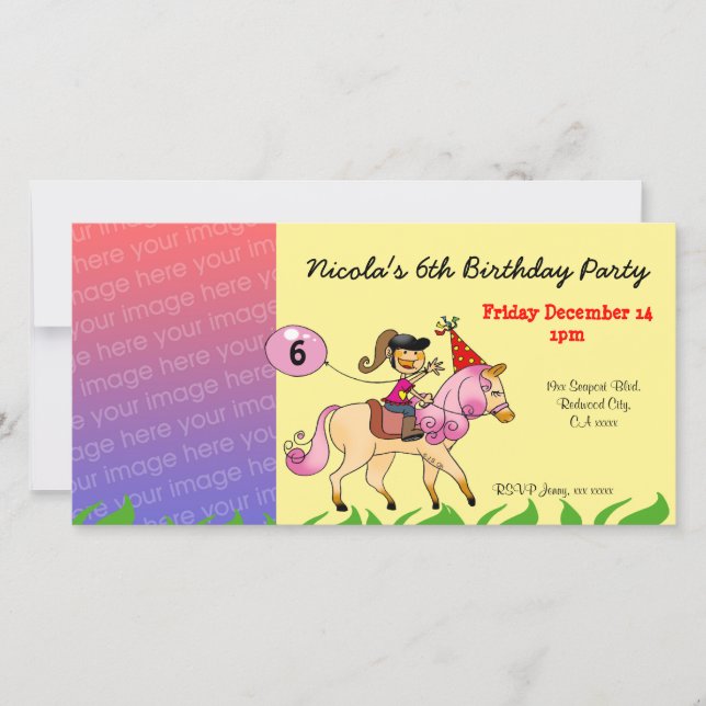 Pink Pony Birthday Foto Invite - Girl Age 6 (Vorderseite)