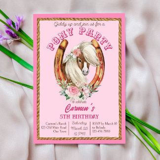 Pink pony Geburtstagsgeschenk auf cowgirl Party Einladung