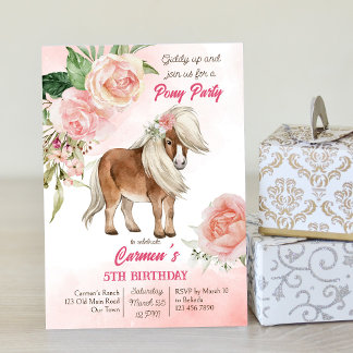Pink pony Geburtstagsgeschenk auf cowgirl Party Einladung