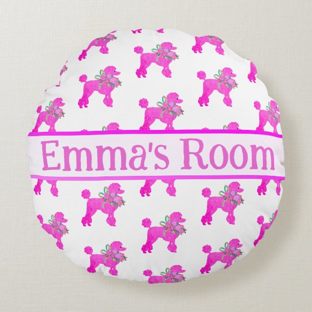Pink Poodle Personalisiert Rundes Kissen (Vorderseite)