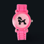 Pink Poodle-Rock-Rock-Rock-Kid's Watch der 50er Ja Armbanduhr<br><div class="desc">Brechen Sie Ihre Bobbysocken und Sattelschuhe aus und beginnen Sie zu tanzen! Dieses rosa Poodle-Rock aus den 1950er Jahren, Inspiriert Kid's Watch, sieht aus wie ein klassischer Poodle-Rock aus den 50er Jahren. Das Design weist eine schwarze Silhouette eines Poodles auf einem rosa Hintergrund auf. Es beginnt, sehr ähnlich wie in...</div>