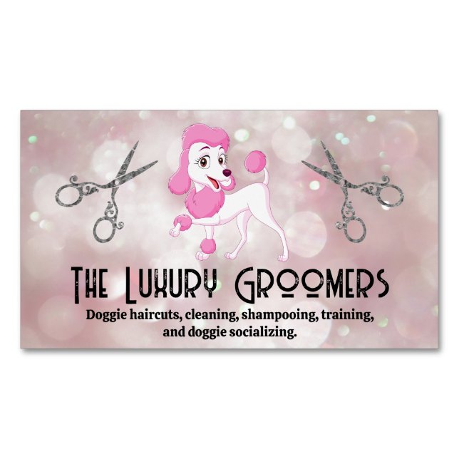 Pink Poodle | Salon Scissors | Bokeh Magnetische Visitenkarte (Vorderseite)