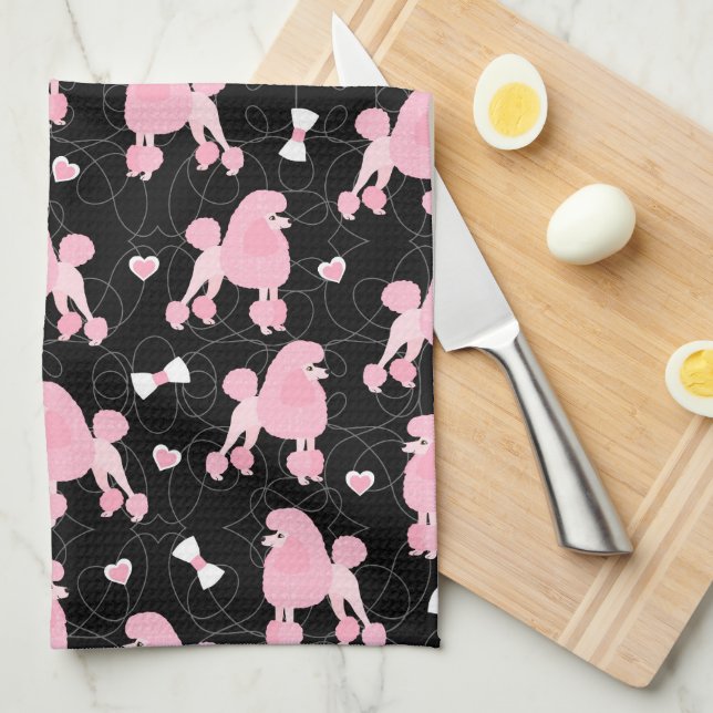 Pink Poodles und Bows Muster Schwarz Geschirrtuch (Viertel Falte)