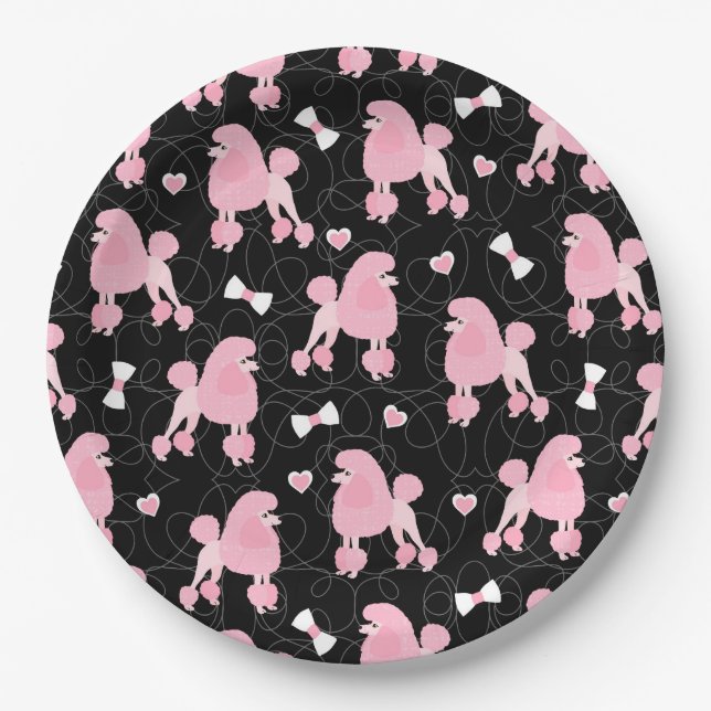Pink Poodles und Bows Muster Schwarz Pappteller (Vorderseite)