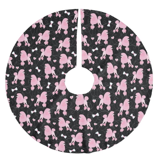 Pink Poodles und Bows Muster Schwarz Polyester Weihnachtsbaumdecke (Vorderseite)