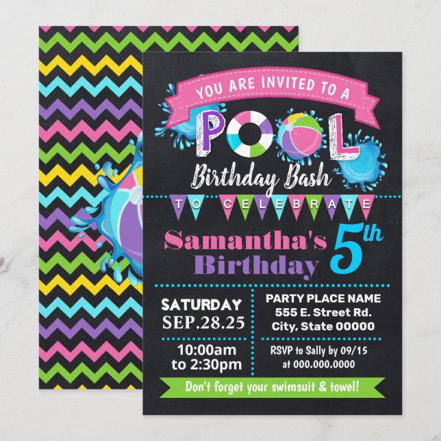 Pink Pool Geburtstag Sommer Bash-Tafel Einladung (Vorne/Hinten)