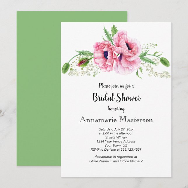 Pink Poppies Greenery Bouquet Brautparty | Einladung (Vorne/Hinten)