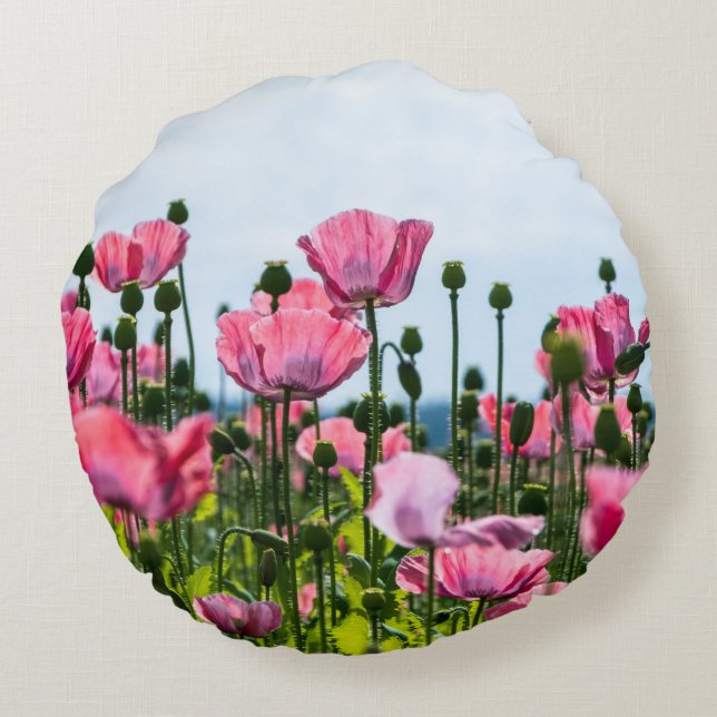 Pink Poppies Rundes Kissen (Rückseite)